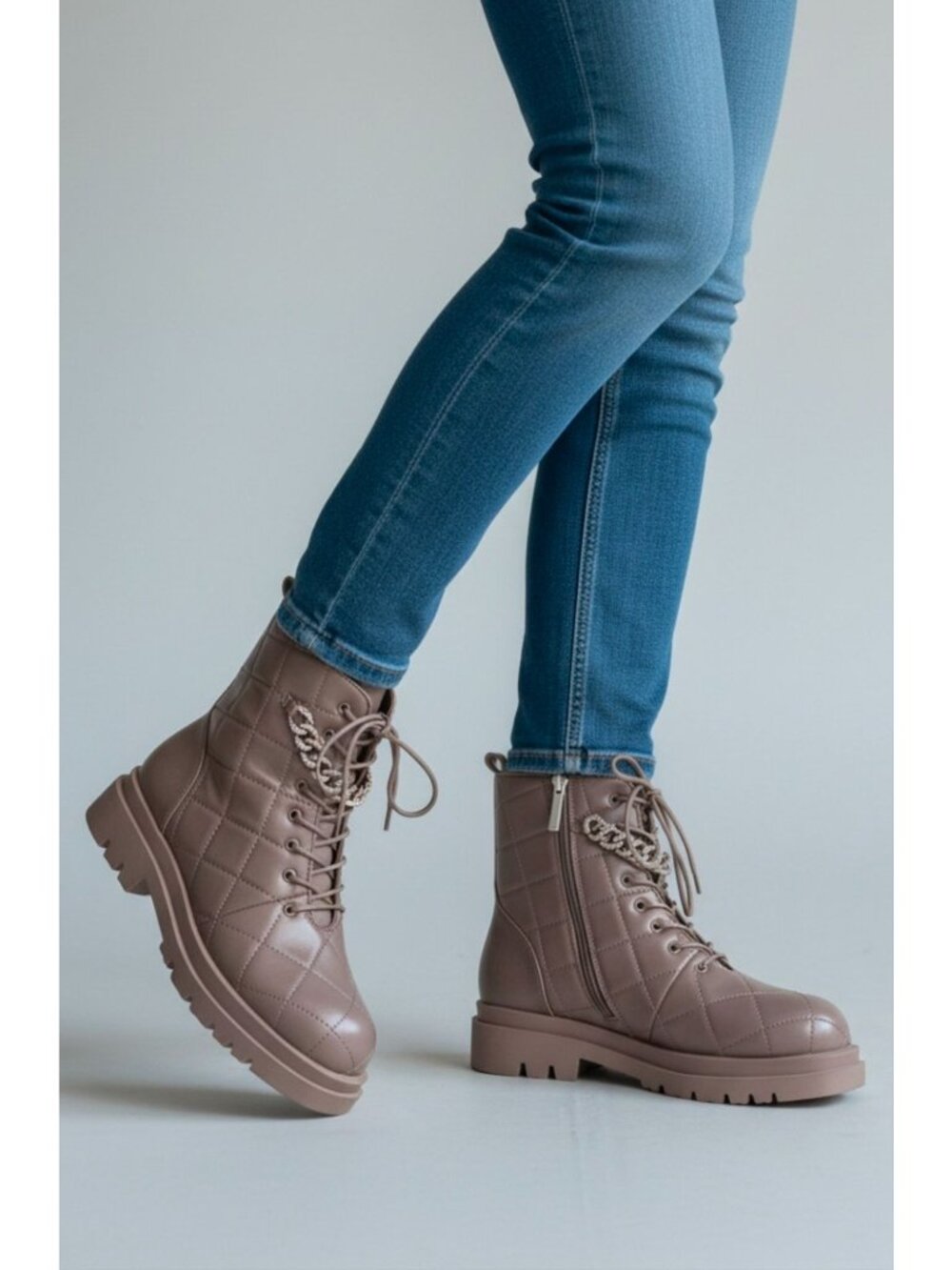 Taupe Quilted Combat Boots Lace Up Chain Detail Lug Sole Ankle Boots